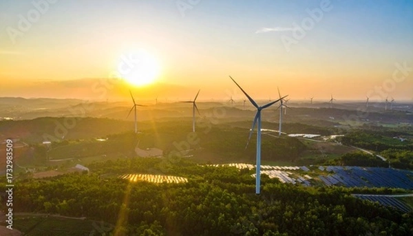 Obraz Breathtaking aerial view of a wind farm with towering turbines and solar panels during a serene golden sunset over a lush, misty landscape