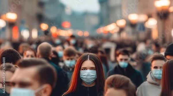 Obraz Crowd of People Wearing Masks in a Busy Urban Street During Evening Hours