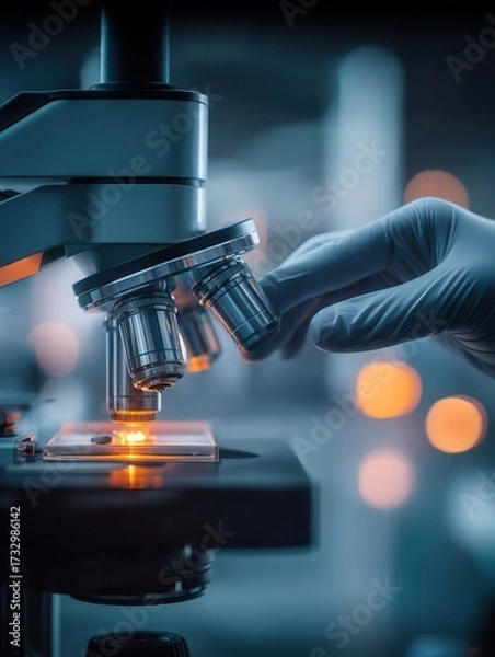 Obraz Microscope Analysis in Laboratory at Night With Glowing Specimens