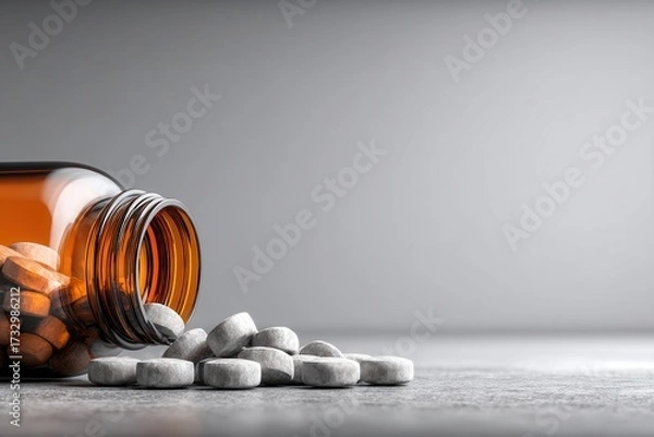 Obraz Pills Spilled From a Brown Bottle on a Gray Surface in a Calm Setting