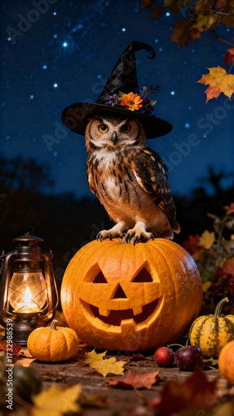 Fototapeta Owl in a Wizard Hat Perches on a Pumpkin with a Background of Stars and Autumn Leaves, Creating a Cozy Halloween Atmosphere.Generated by AI
