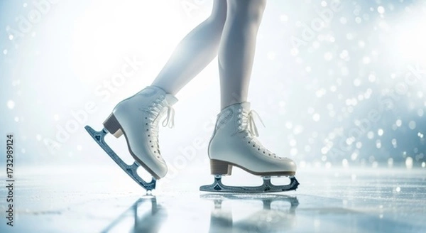 Fototapeta Elegant ice skates and legs on reflective rink with winter bokeh background