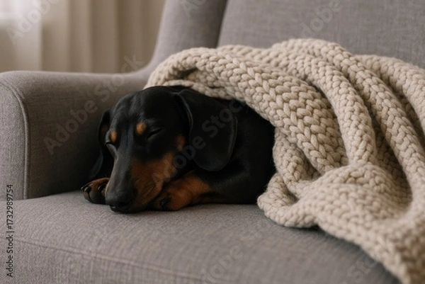 Fototapeta Adorable black dachshund peacefully sleeps on a cozy armchair covered with a chunky knitted blanket, creating a warm homey atmosphere.

