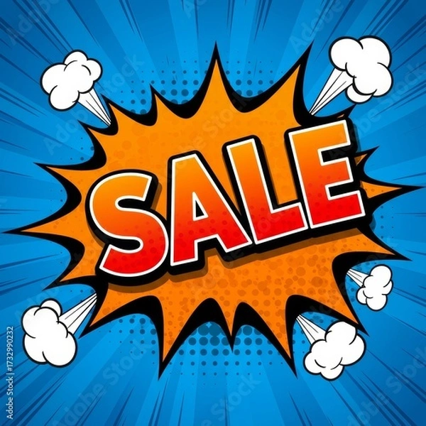 Fototapeta Dynamic pop art comic style "sale" explosion banner with radial speed lines and smoke puffs on vibrant blue background