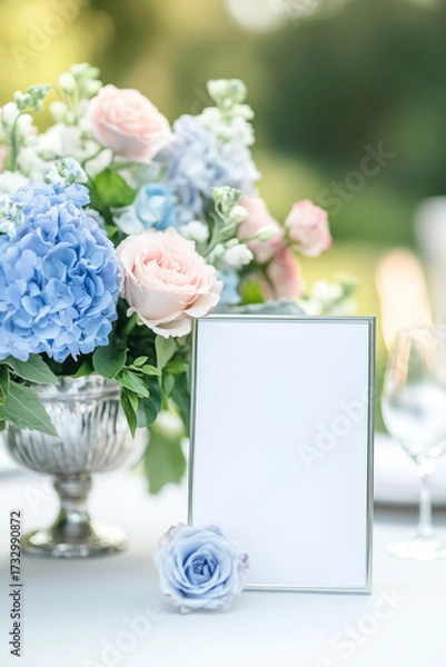 Fototapeta Silver frame mock up for table number, place plan or menu on the table decorated with bouquet of flowers