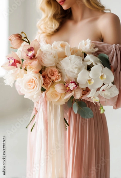 Fototapeta Romantic bride in a blush pink gown holding a luxurious bouquet of ivory roses, white orchids, and peach cymbidium blooms with trailing silk ribbons