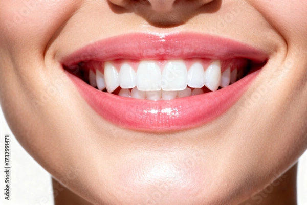 Fototapeta Close-up of a woman smiling warmly with bright, white teeth, showcasing natural joy, confidence, and radiant facial expression in soft, flattering light.Generated by AI
