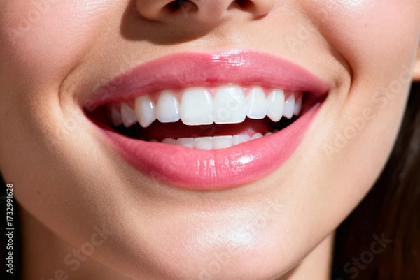Fototapeta Close-up of a woman smiling warmly with bright, white teeth, showcasing natural joy, confidence, and radiant facial expression in soft, flattering light.Generated by AI
