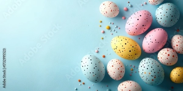 Fototapeta Colorful decorative eggs scattered on a light blue background for spring celebrations and festive activities