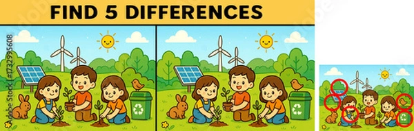 Fototapeta Find 5 Differences Ecology Puzzle Game Kids Planting Trees Recycling Solar Energy Wind Turbines Nature Conservation