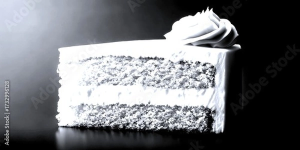 Fototapeta Slice of fluffy vanilla cake with creamy frosting on the top displayed on a background