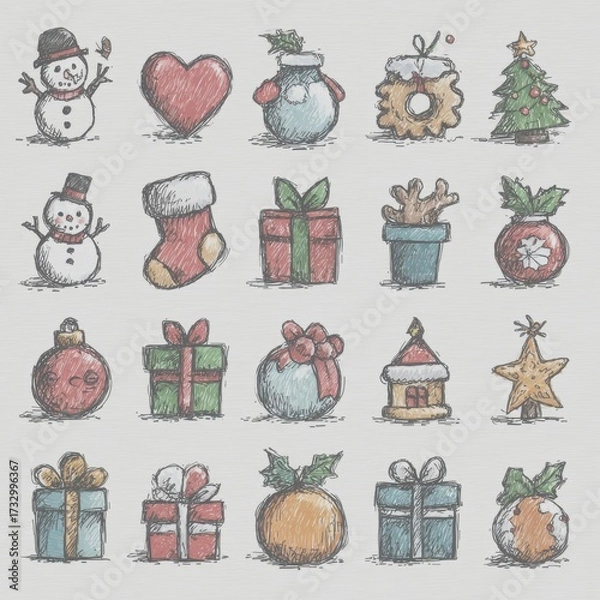Fototapeta Colorful Christmas themed illustrations featuring festive symbols and ornaments on a light background - Low Contrast