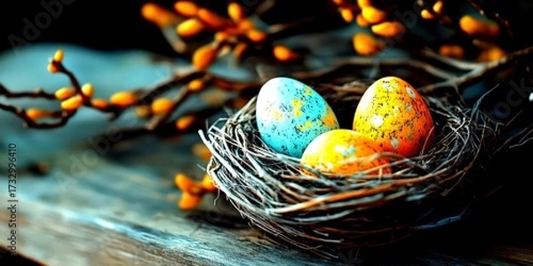 Fototapeta Colorful decorative eggs in a nest surrounded by spring branches displayed indoors - High Contrast
