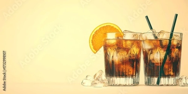 Fototapeta Refreshing iced drinks with garnish served on a background