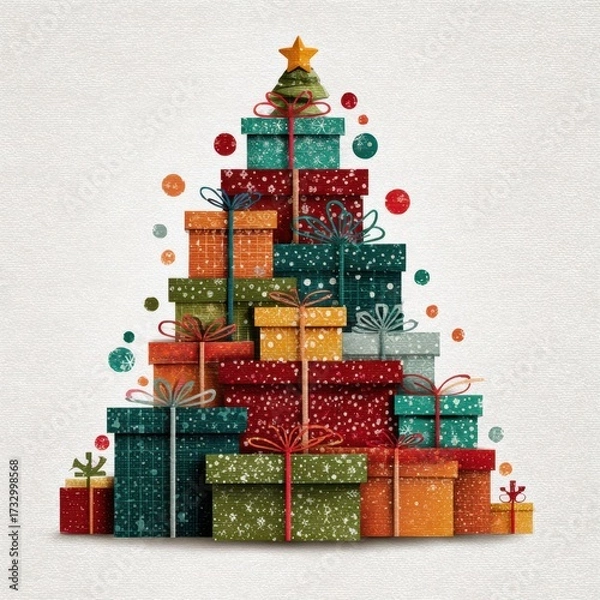 Fototapeta Colorful Christmas tree made of stacked gift boxes decorated with bows and ornaments in a snowy setting