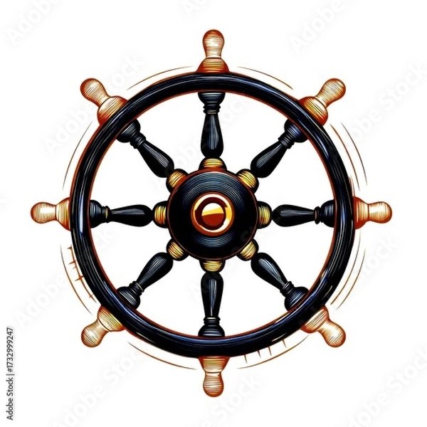 Fototapeta Nautical steering wheel design on a white background showcasing craftsmanship and traditional marine elements - High Contrast