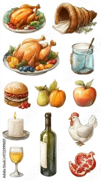 Fototapeta Delicious feast with various foods and drinks displayed on a white background for a festive occasion