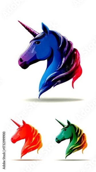 Fototapeta Colorful unicorn heads showcasing vibrant designs and artistic representation in a playful style - High Contrast