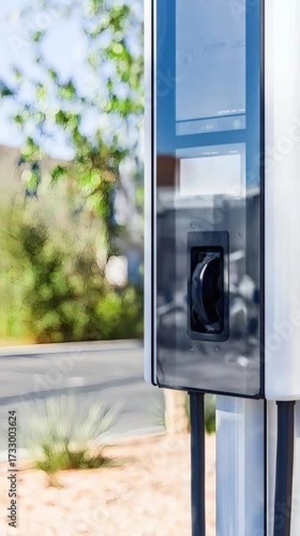 Fototapeta plug. An electric vehicle charging station under natural daylight conditions. mobility guides, transit brochures, designed for transport & logistics marketing, improves user orientation.