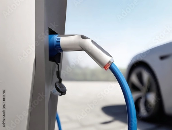 Fototapeta plug. An electric vehicle charging station under natural daylight conditions. mobility guides, transit brochures, designed for transport & logistics marketing, improves user orientation.