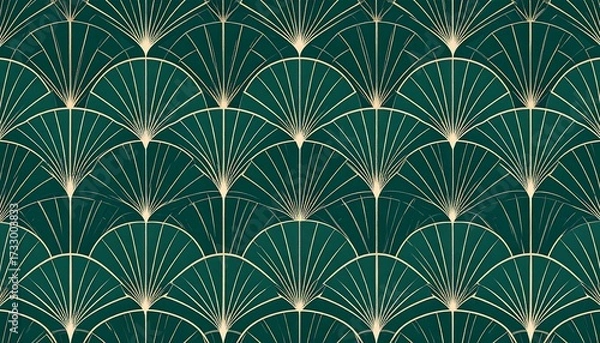 Fototapeta Emerald green and gold art deco fan pattern