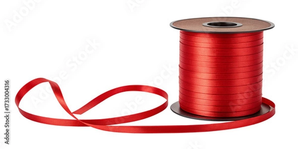 Fototapeta Shiny Red Satin Ribbon Spool with Curved Loose End on Transparent Background
Unrolled Red Ribbon on Spool Isolated with Smooth Satin Texture and Clear Background