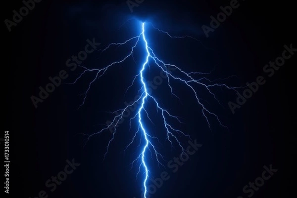 Fototapeta A Dramatic Display of Natural Power: A Striking Bolt of Lightning Illuminating the Dark Night Sky with Intense Blue Hues and Electric Energy