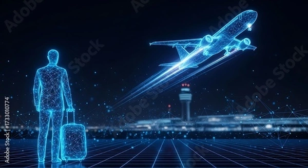 Fototapeta Futuristic travel concept showing passenger with luggage watching vibrant airplane take off into a digital sky, perfect for travel technology concepts