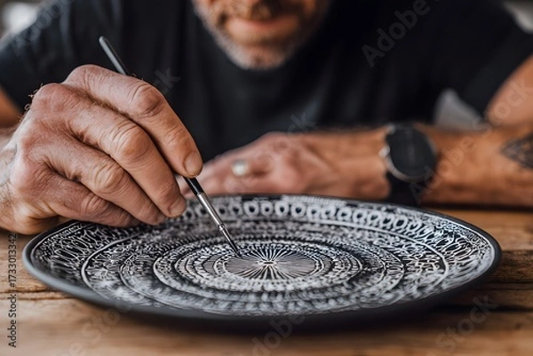 Obraz Carefully Placing Tiny Details on Ornamental Plate