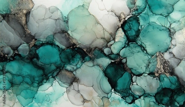 Fototapeta Abstract fluid art with teal, grey, and gold tones