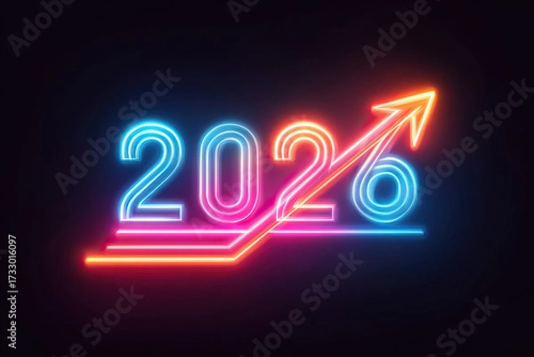 Fototapeta Futuristic New Year 2026 Lettering with Upward Arrow on Transparent Background