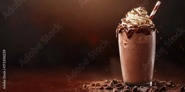 Fototapeta Indulgent chocolate milkshake topped with whipped cream and chocolate shavings on a rustic wooden table at a cozy café