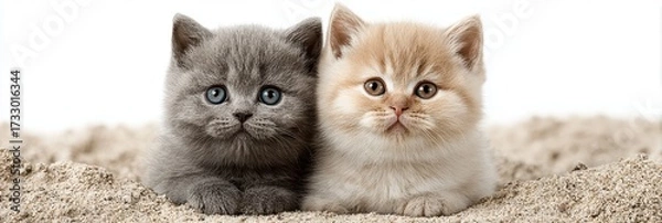 Fototapeta Two adorable kittens sit together on a sandy surface, showcasing their playful nature and soft fur