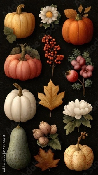 Fototapeta Collection of seasonal pumpkins and autumn flowers arranged on a dark background highlighting fall colors and natural textures