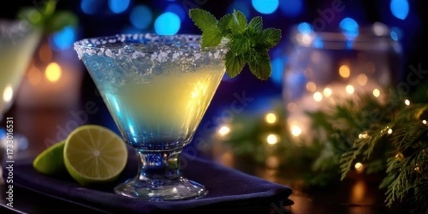 Fototapeta Refreshing cocktail garnished with mint and lime served in an elegant glass at a lively evening gathering