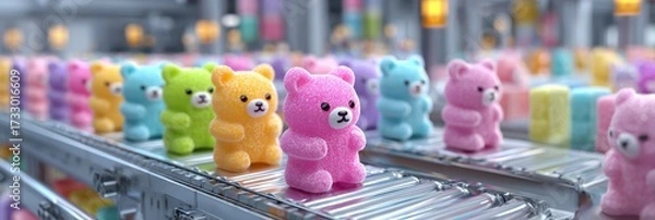 Fototapeta Colorful gummy bears move along a production line in a candy factory during a busy manufacturing process