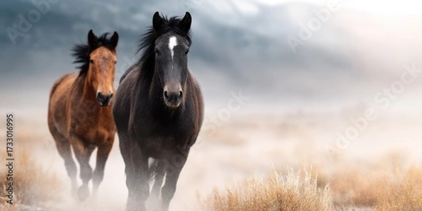Fototapeta Horses running through a misty landscape at dawn in a tranquil natural environment