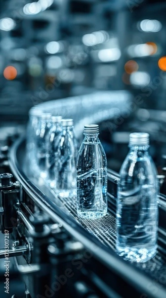 Fototapeta Water bottles moving along a production line in a factory during the day