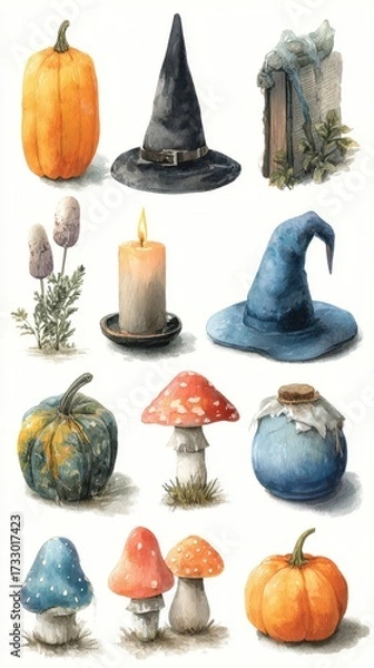Fototapeta Halloween decorations featuring pumpkins, mushrooms, and witch hats in a whimsical arrangement on a light background