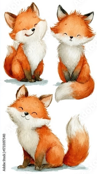 Fototapeta Cute watercolor illustrations of three playful foxes in a cheerful and whimsical style showcasing their charming expressions