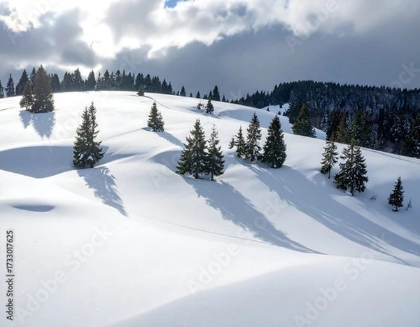 Obraz Snowy mountain landscape with pine trees