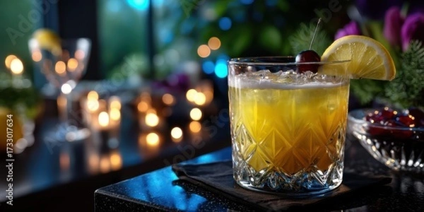 Fototapeta Vibrant cocktail garnished with lemon and cherry on a bar counter during a lively evening