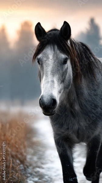 Fototapeta Gray horse walking along a snowy path in the early morning light surrounded by a calm, misty landscape