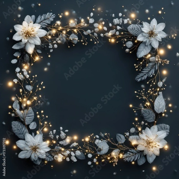 Fototapeta Elegant floral wreath with glowing lights arranged on a dark background for festive decor