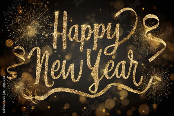 Fototapeta Festive Happy New Year Typography with Golden Glow and Fireworks on Transparent Background