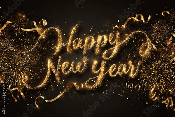 Fototapeta Festive Happy New Year Typography with Golden Glow and Fireworks on Transparent Background