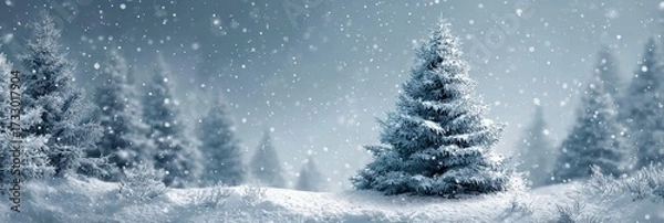 Fototapeta Winter landscape with snow-covered trees in a serene forest during a snowfall at dawn