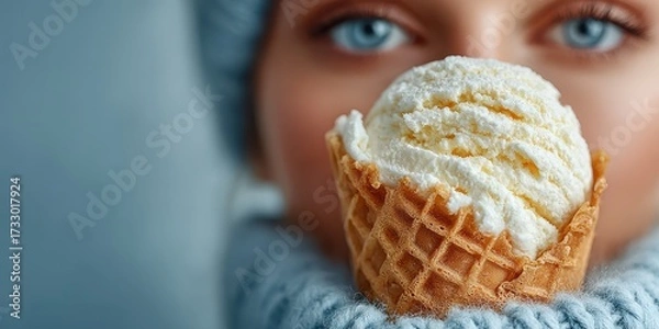 Fototapeta Enjoying a delicious ice cream cone while bundled up in warm winter clothes in a cozy indoor setting