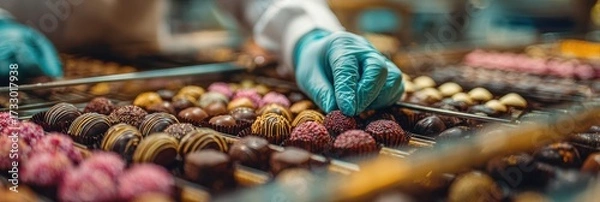 Fototapeta Artisan chocolatiers skillfully crafting an array of gourmet chocolates in a workshop