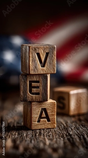 Fototapeta Wooden blocks spell out VEA against a blurred American flag backdrop with a rustic setting